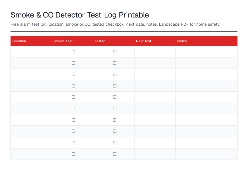 Smoke & CO Detector Test Log Printable — printable PDF preview