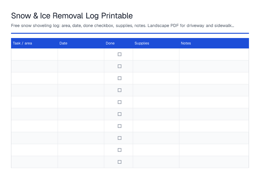 Snow & Ice Removal Log Printable — printable PDF preview