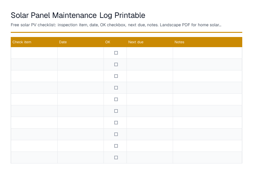 Solar Panel Maintenance Log Printable — printable PDF preview