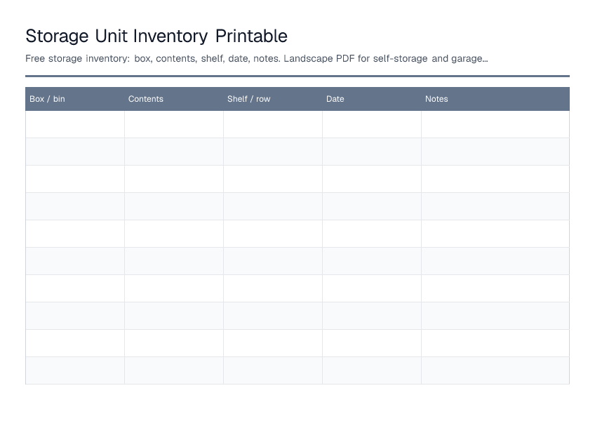 Storage Unit Inventory Printable — printable PDF preview
