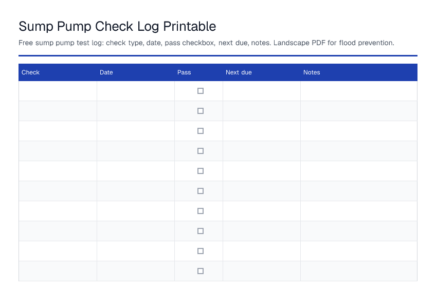 Sump Pump Check Log Printable — printable PDF preview