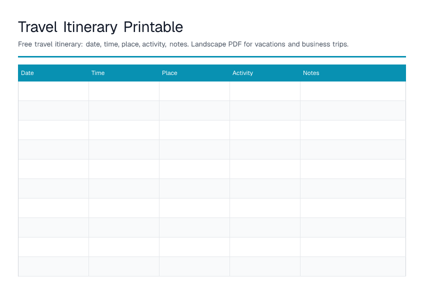 Travel Itinerary Printable — printable PDF preview