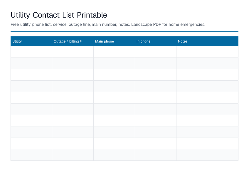 Utility Contact List Printable — printable PDF preview