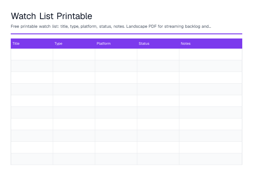 Watch List Printable — printable PDF preview