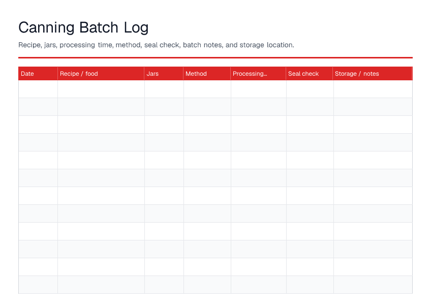 Canning Batch Log — printable PDF preview