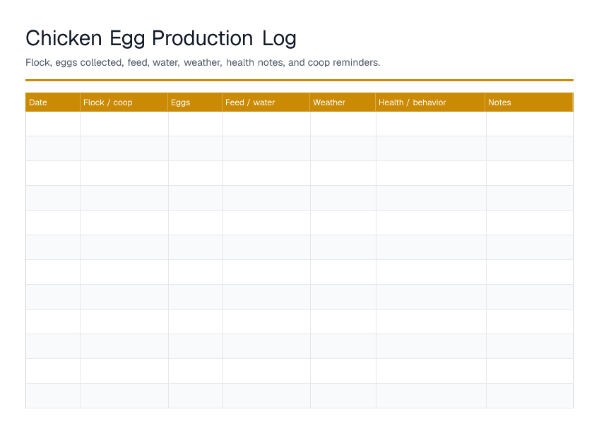 Chicken Egg Production Log — printable PDF preview