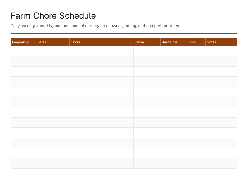 Farm Chore Schedule — printable PDF preview