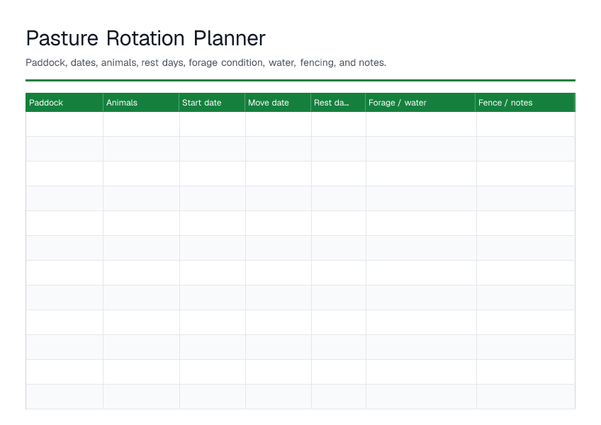 Pasture Rotation Planner — printable PDF preview