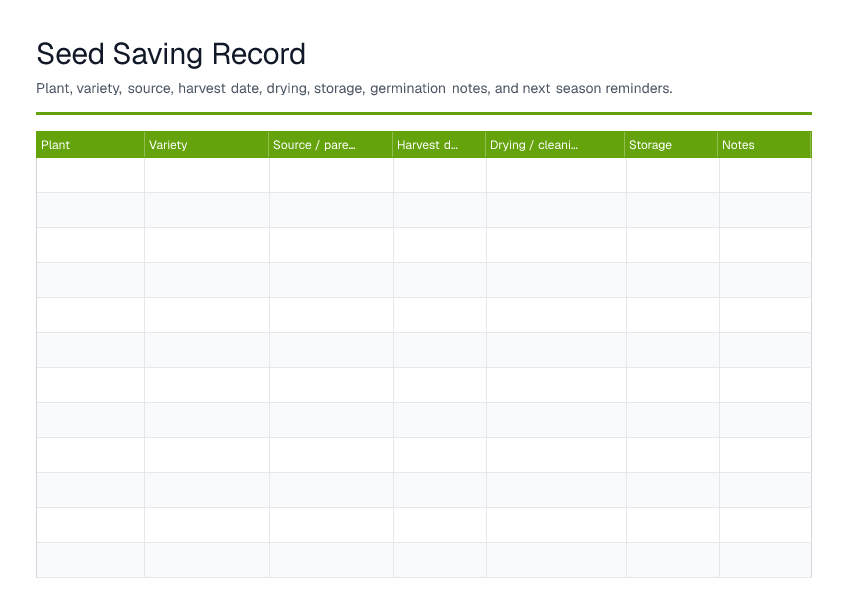 Seed Saving Record — printable PDF preview