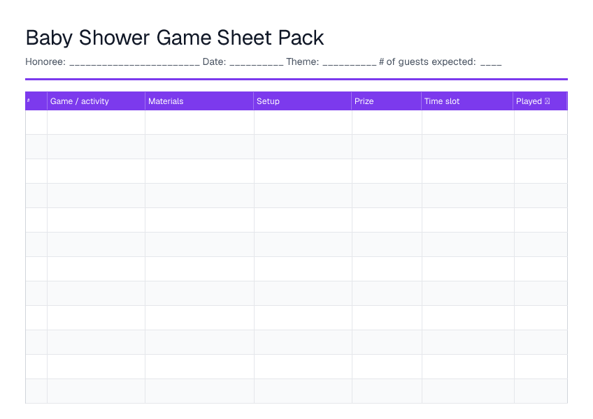 Baby Shower Game Sheet Pack — printable PDF preview