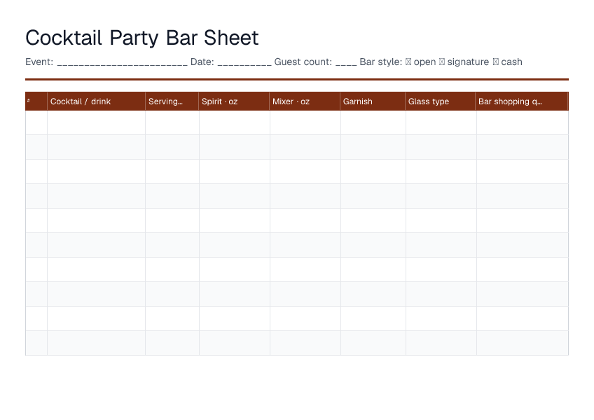 Cocktail Party Bar Sheet — printable PDF preview