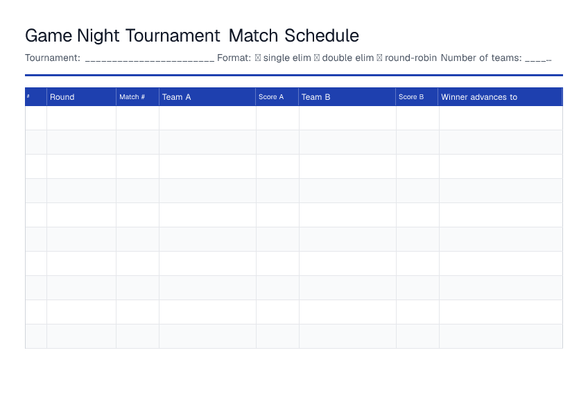 Game Night Tournament Match Schedule — printable PDF preview