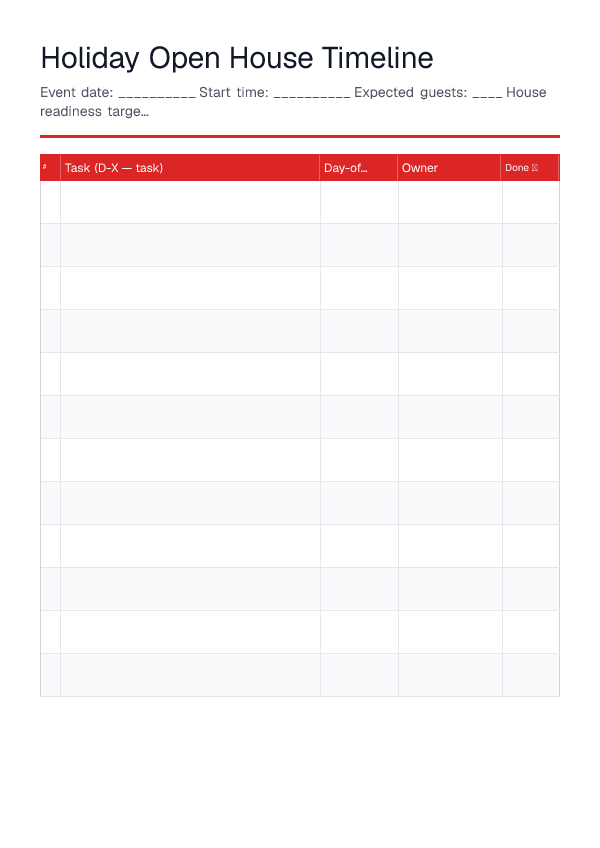 Holiday Open House Timeline — printable PDF preview
