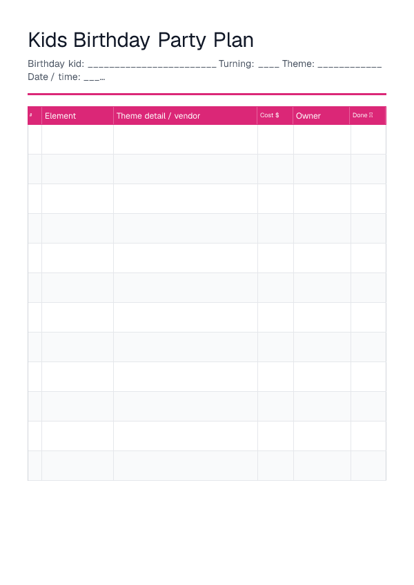 Kids Birthday Party Plan — printable PDF preview