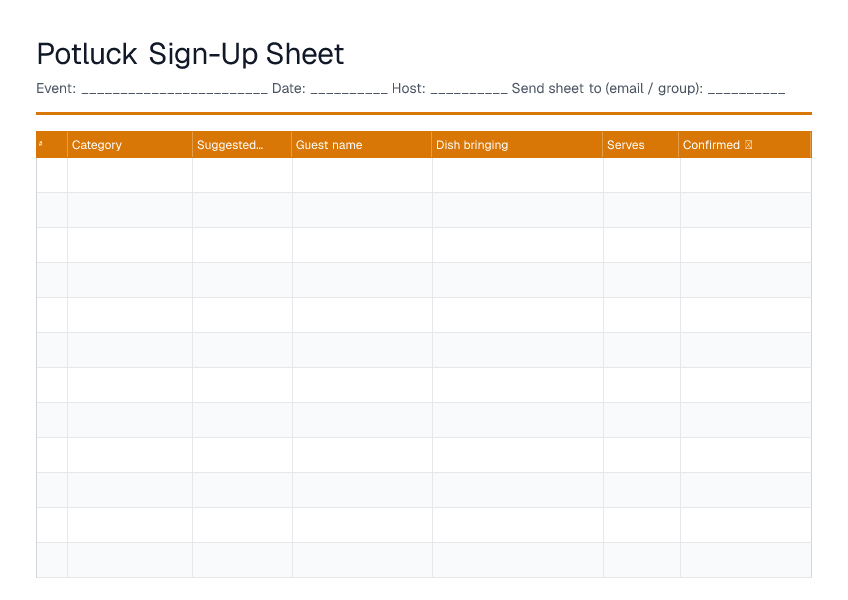 Potluck Sign-Up Sheet — printable PDF preview