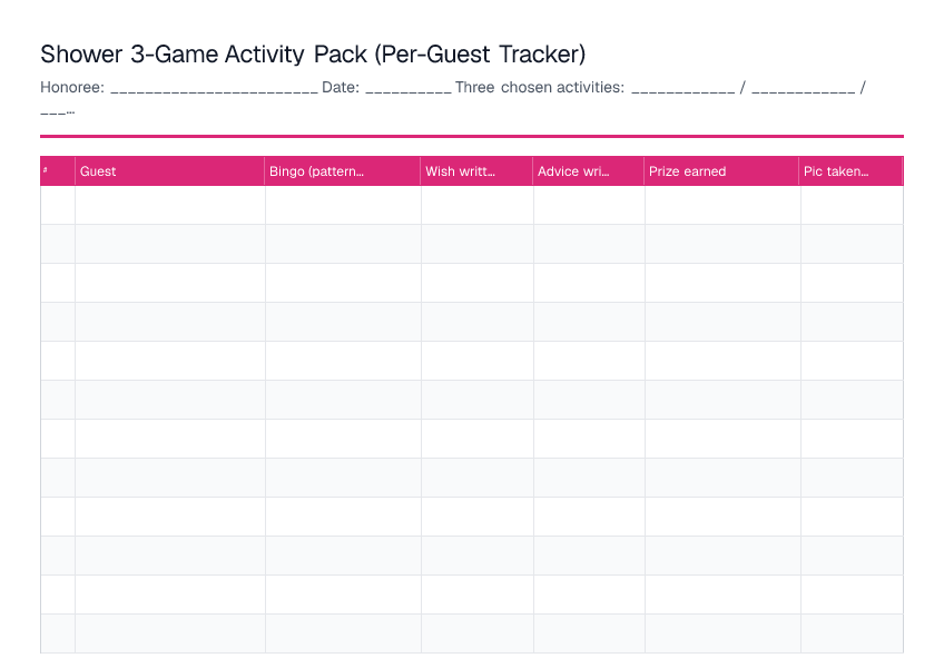 Shower 3-Game Activity Pack (Per-Guest Tracker) — printable PDF preview