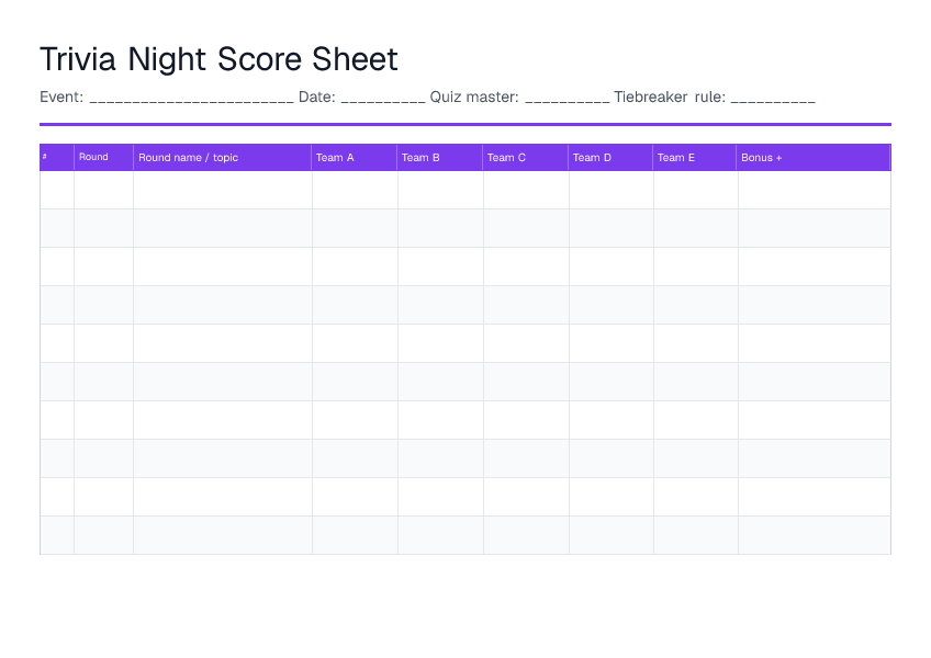 Trivia Night Score Sheet — printable PDF preview