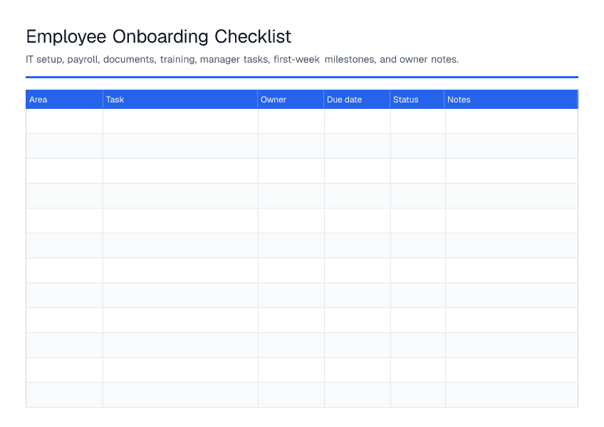 Employee Onboarding Checklist — printable PDF preview