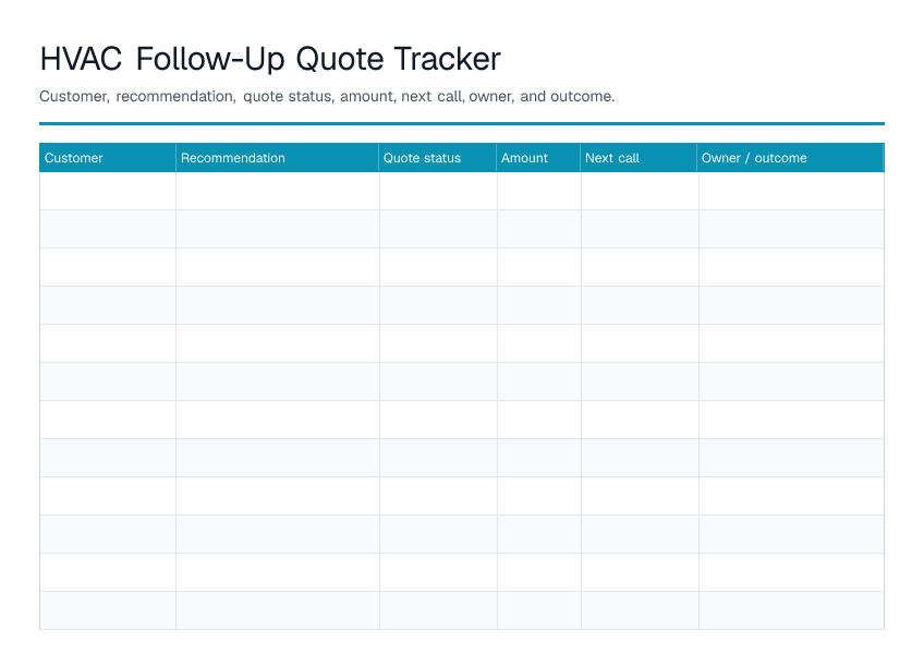 HVAC Follow-Up Quote Tracker — printable PDF preview
