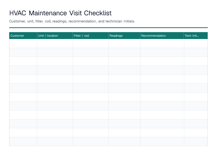 HVAC Maintenance Visit Checklist — printable PDF preview