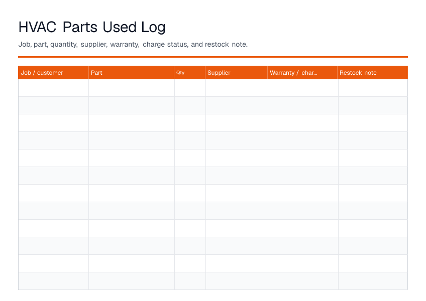 HVAC Parts Used Log — printable PDF preview