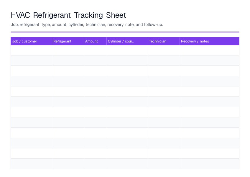 HVAC Refrigerant Tracking Sheet — printable PDF preview