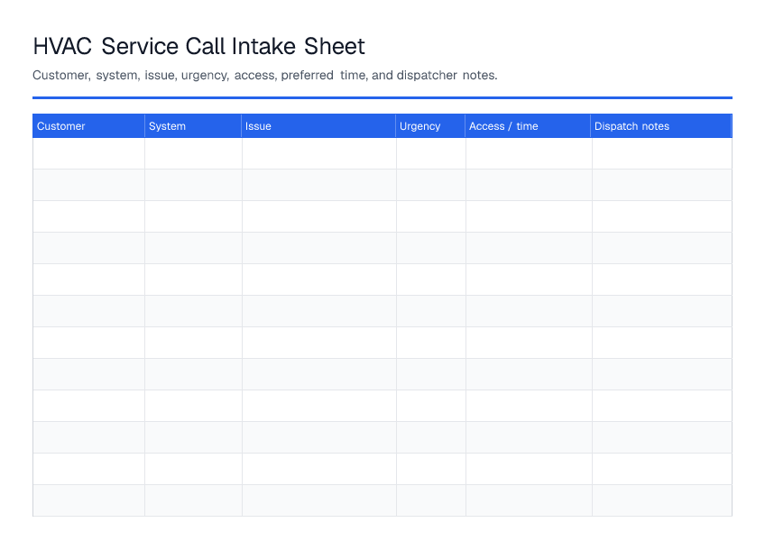 HVAC Service Call Intake Sheet — printable PDF preview
