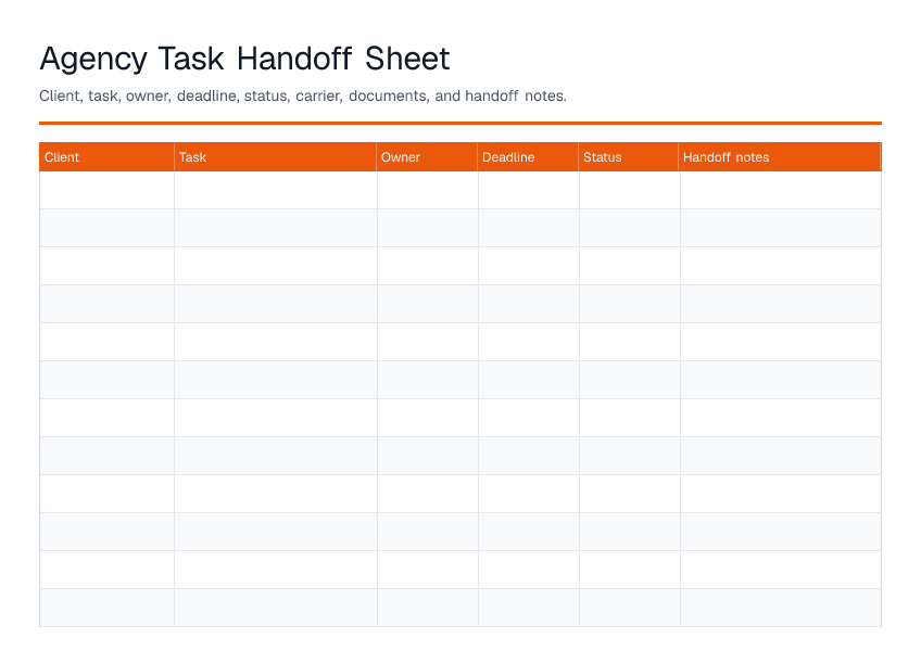 Agency Task Handoff Sheet — printable PDF preview