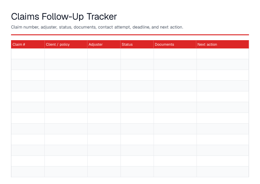 Claims Follow-Up Tracker — printable PDF preview
