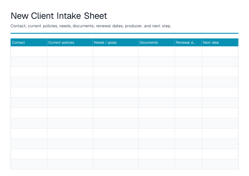 New Client Intake Sheet — printable PDF preview