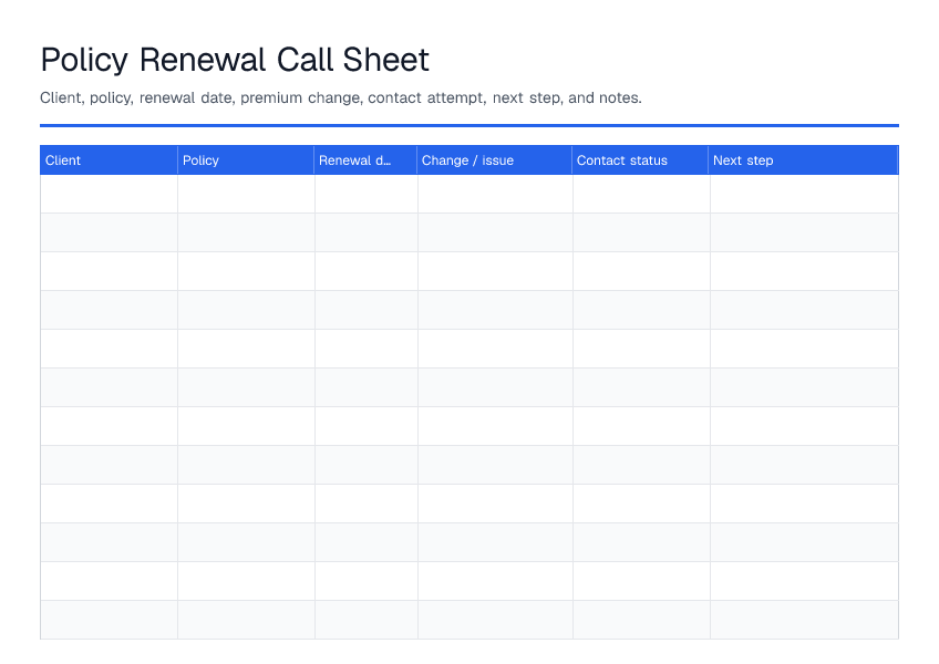 Policy Renewal Call Sheet — printable PDF preview