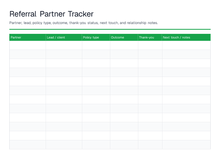Referral Partner Tracker — printable PDF preview