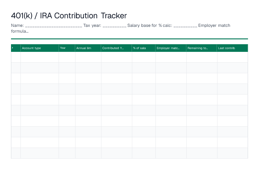 401(k) / IRA Contribution Tracker — printable PDF preview