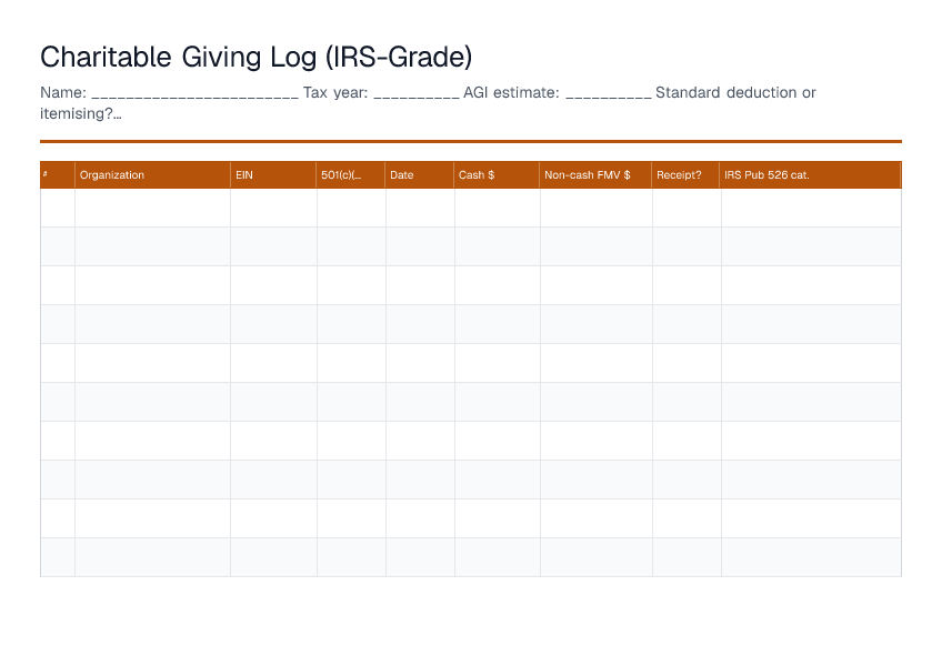 Charitable Giving Log (IRS-Grade) — printable PDF preview