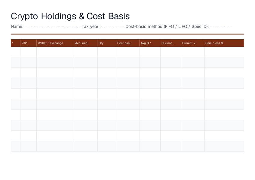 Crypto Holdings & Cost Basis — printable PDF preview
