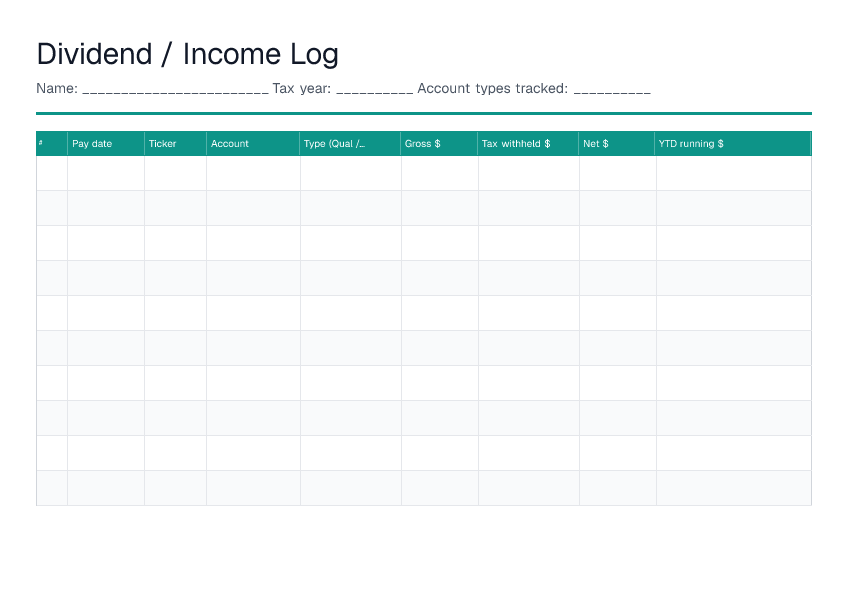 Dividend / Income Log — printable PDF preview