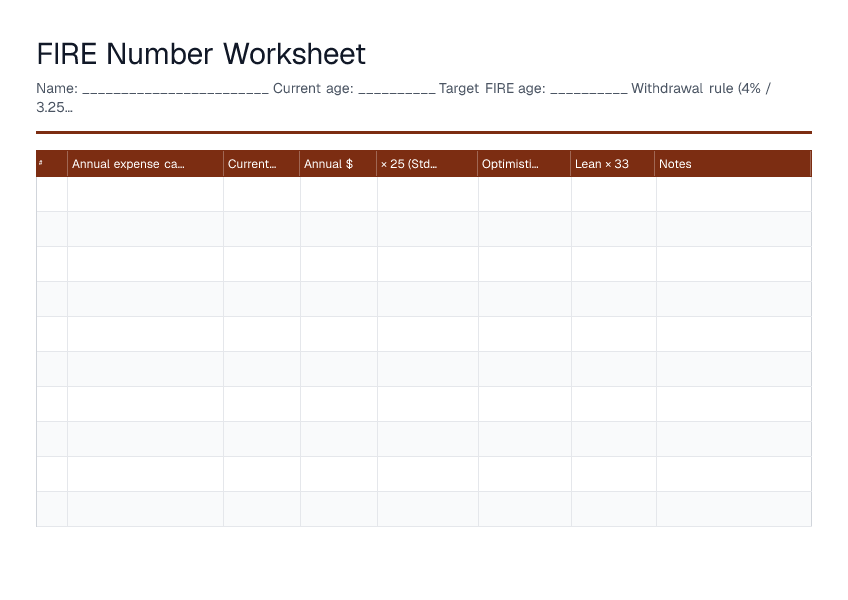 FIRE Number Worksheet — printable PDF preview