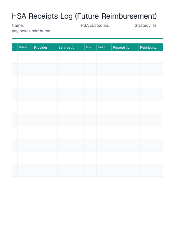 HSA Receipts Log — printable PDF preview