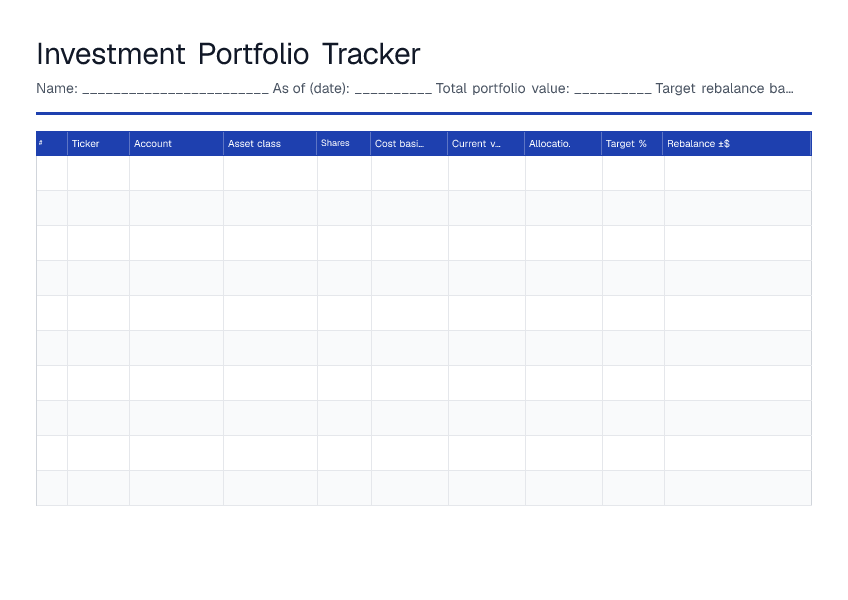 Investment Portfolio Tracker — printable PDF preview