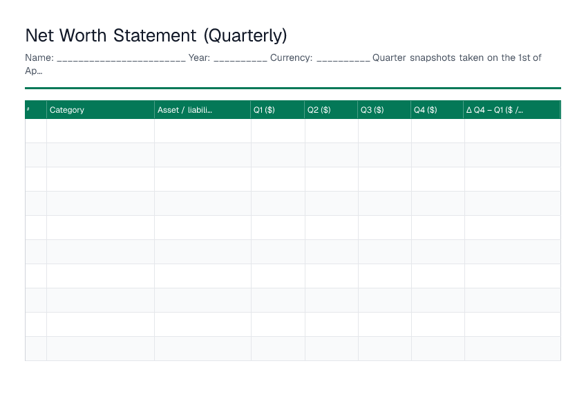 Net Worth Statement (Quarterly) — printable PDF preview