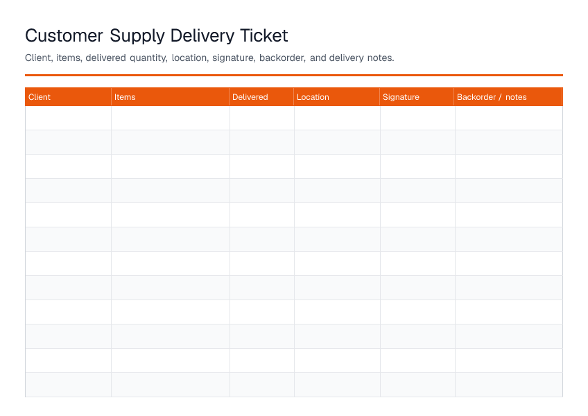 Customer Supply Delivery Ticket — printable PDF preview