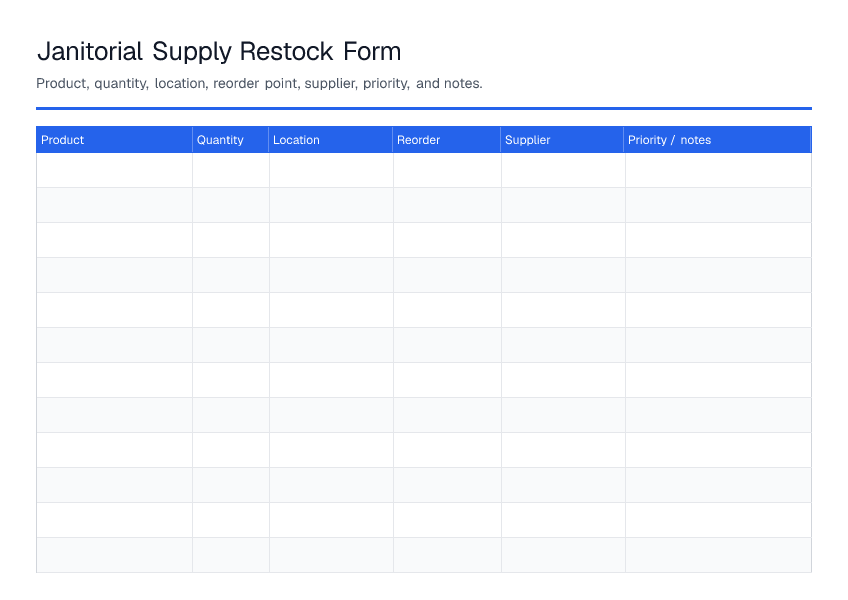 Janitorial Supply Restock Form — printable PDF preview