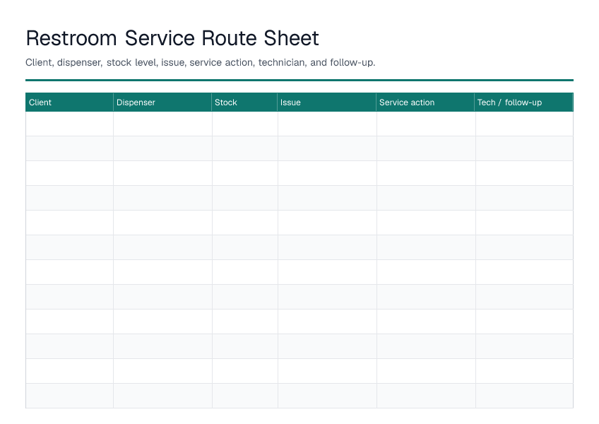 Restroom Service Route Sheet — printable PDF preview