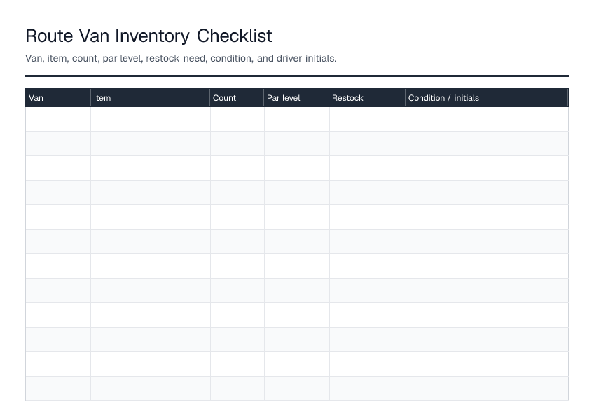 Route Van Inventory Checklist — printable PDF preview