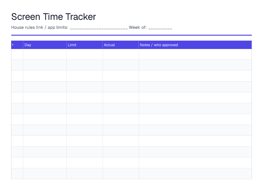 Screen Time Tracker — printable PDF preview