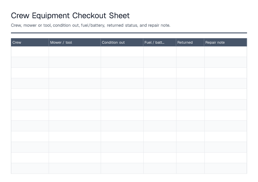Crew Equipment Checkout Sheet — printable PDF preview