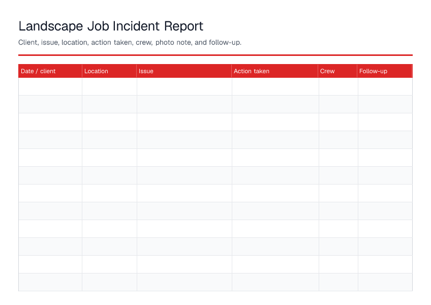 Landscape Job Incident Report — printable PDF preview