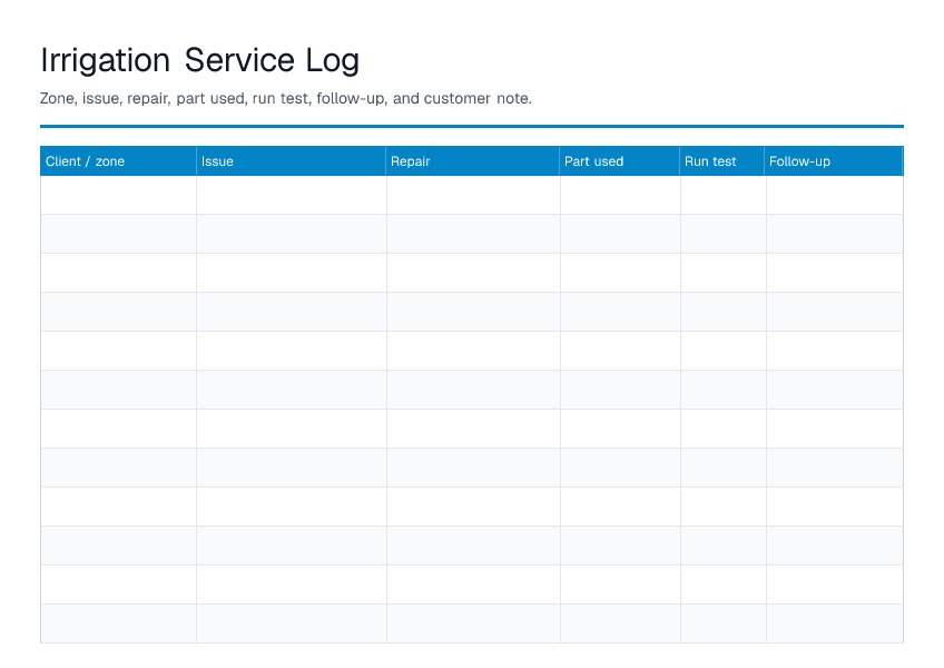 Irrigation Service Log — printable PDF preview