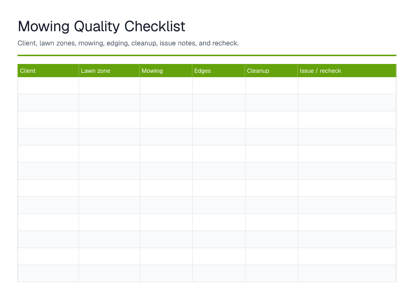 Mowing Quality Checklist — printable PDF preview
