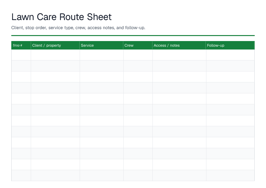 Lawn Care Route Sheet — printable PDF preview
